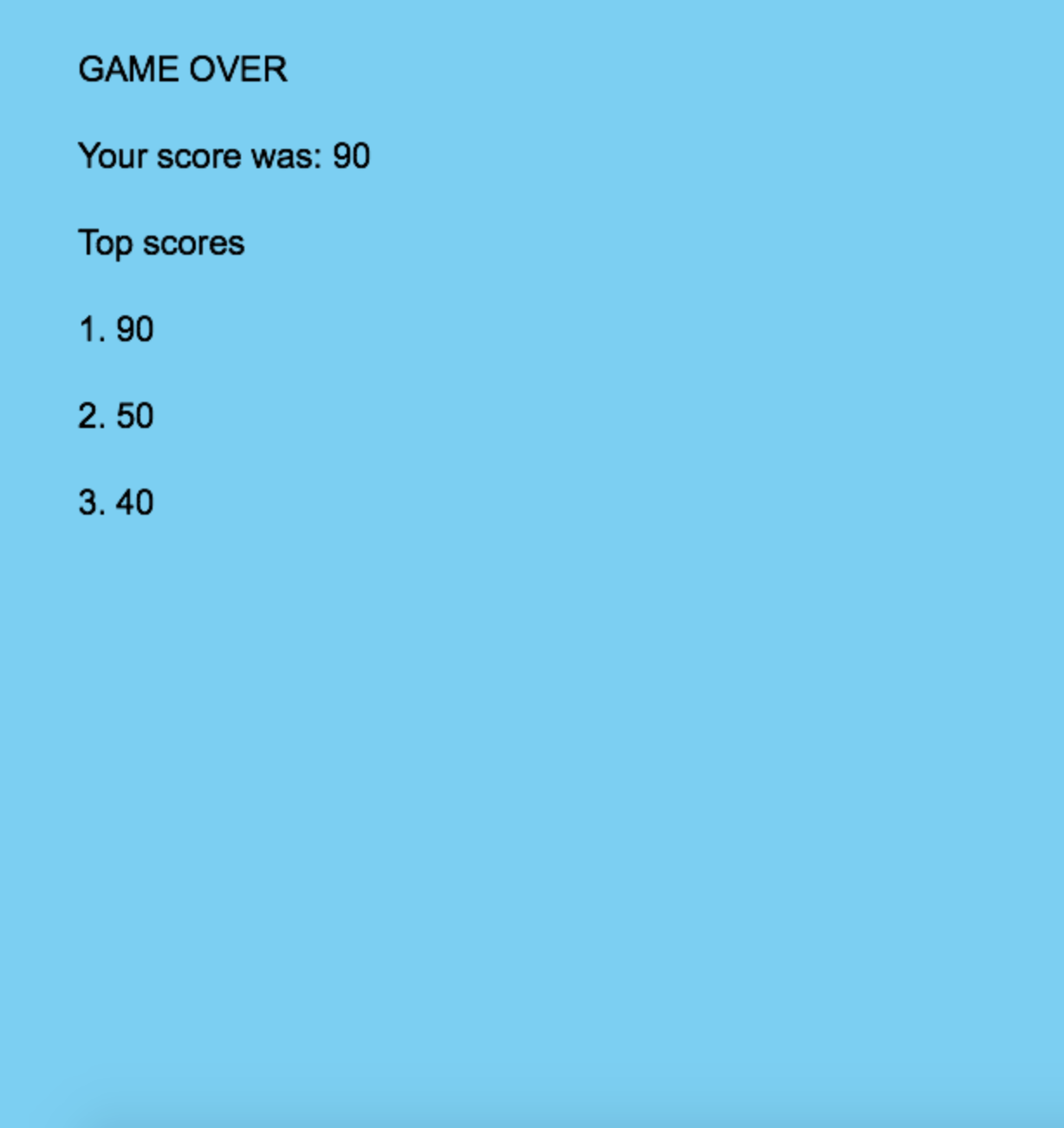 scores screen of snake game